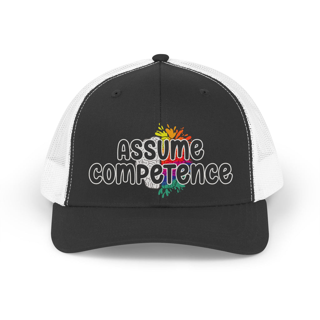 Assume Competence Retro Trucker Hat — Rainbow Empowerment Mesh Cap