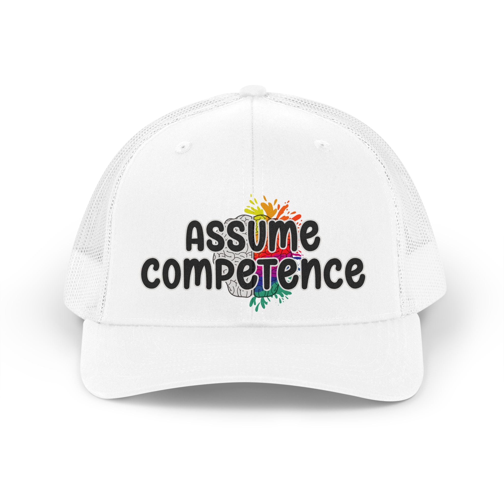 Assume Competence Retro Trucker Hat — Rainbow Empowerment Mesh Cap