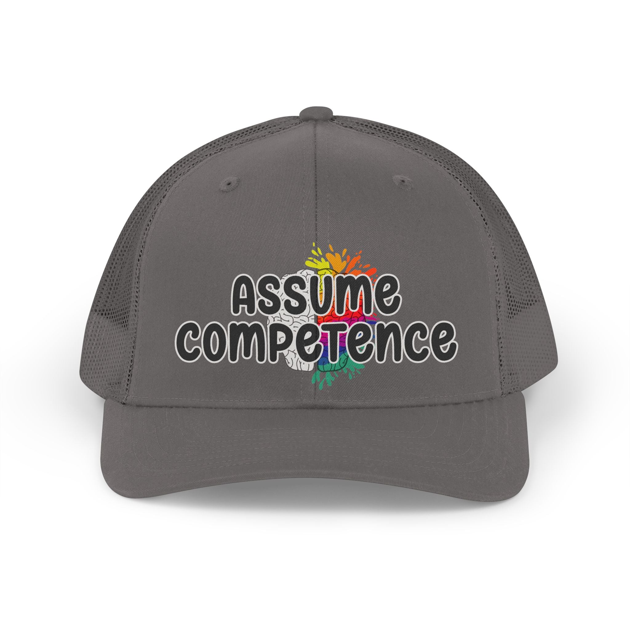 Assume Competence Retro Trucker Hat — Rainbow Empowerment Mesh Cap