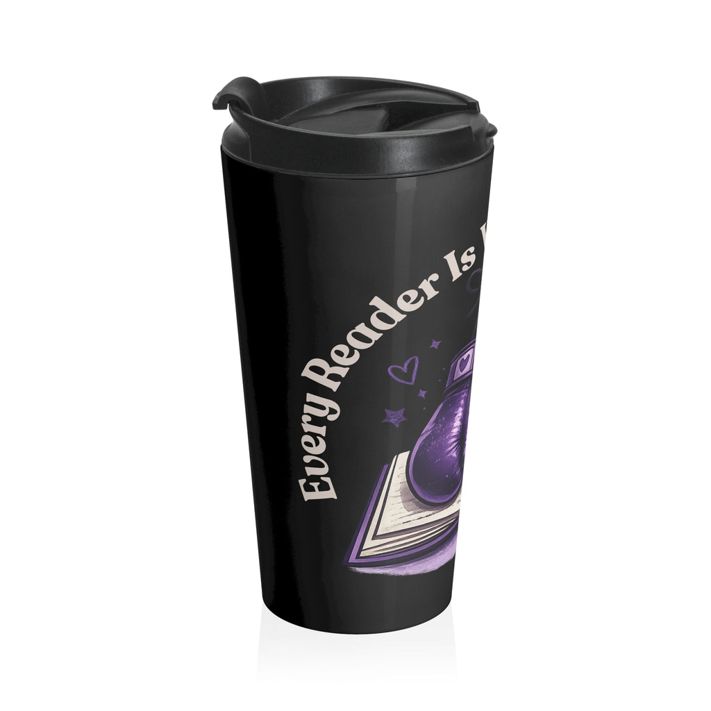 Travel Mug – “Every Reader Is Worth Fighting For” Boxing Gloves Book Design, Stainless Steel Tumbler