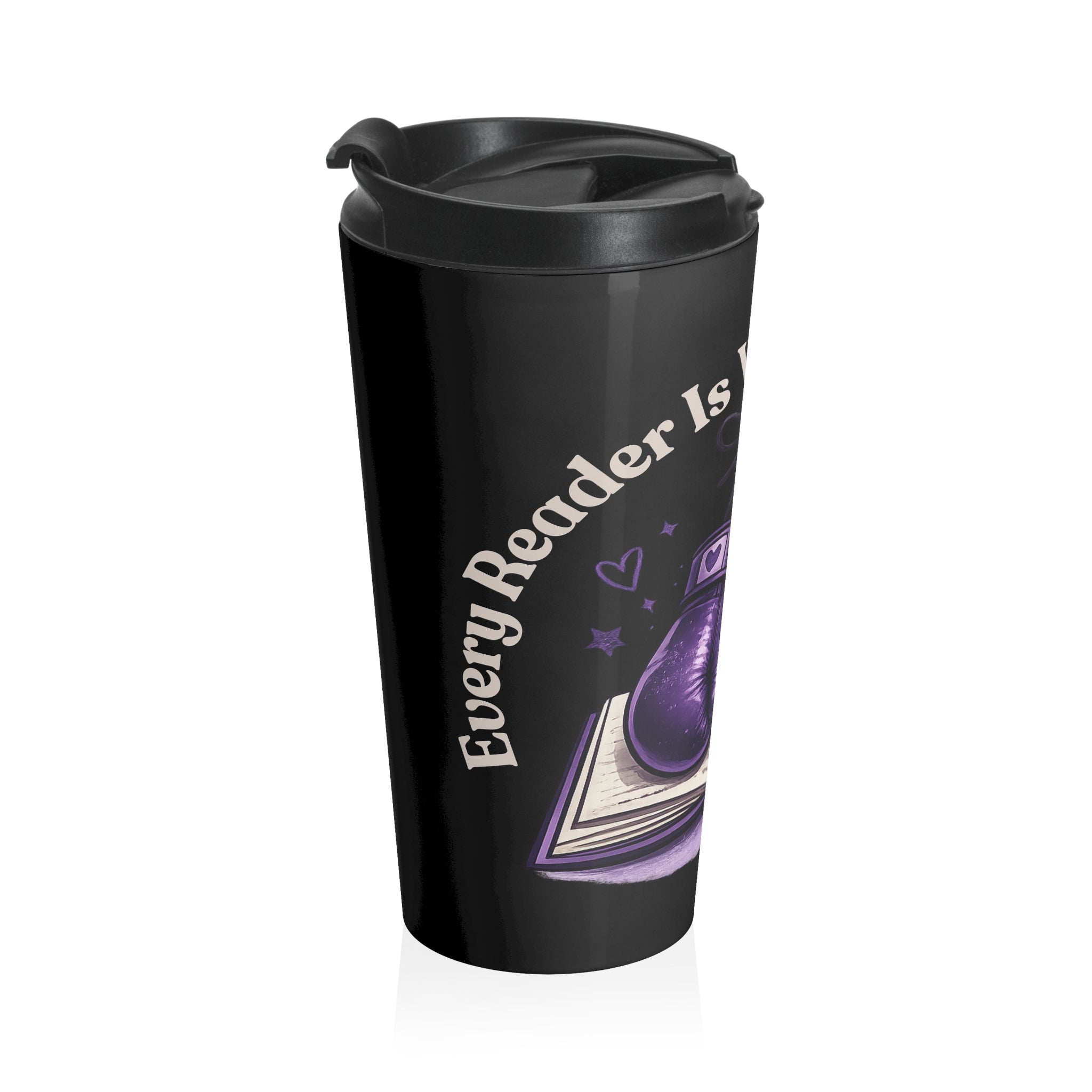 Travel Mug – “Every Reader Is Worth Fighting For” Boxing Gloves Book Design, Stainless Steel Tumbler