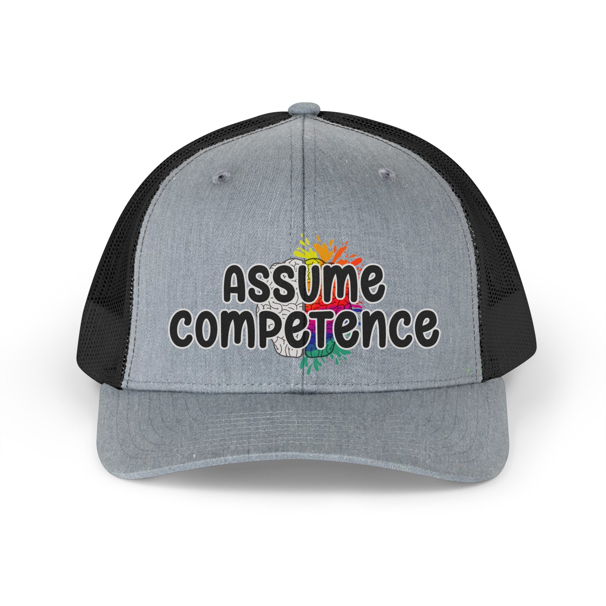 Assume Competence Retro Trucker Hat — Rainbow Empowerment Mesh Cap