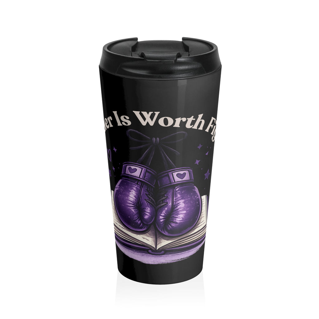 Travel Mug – “Every Reader Is Worth Fighting For” Boxing Gloves Book Design, Stainless Steel Tumbler