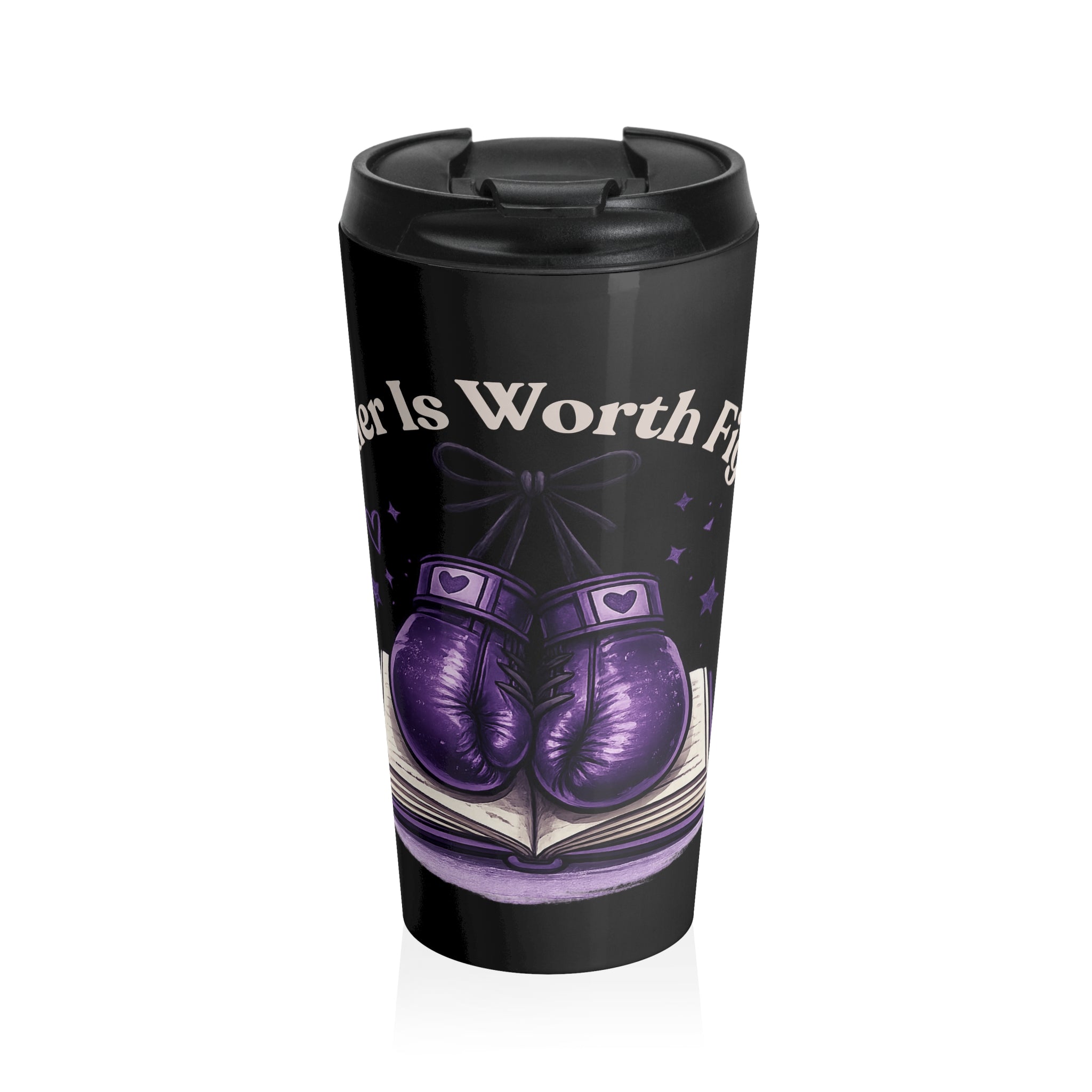Travel Mug – “Every Reader Is Worth Fighting For” Boxing Gloves Book Design, Stainless Steel Tumbler