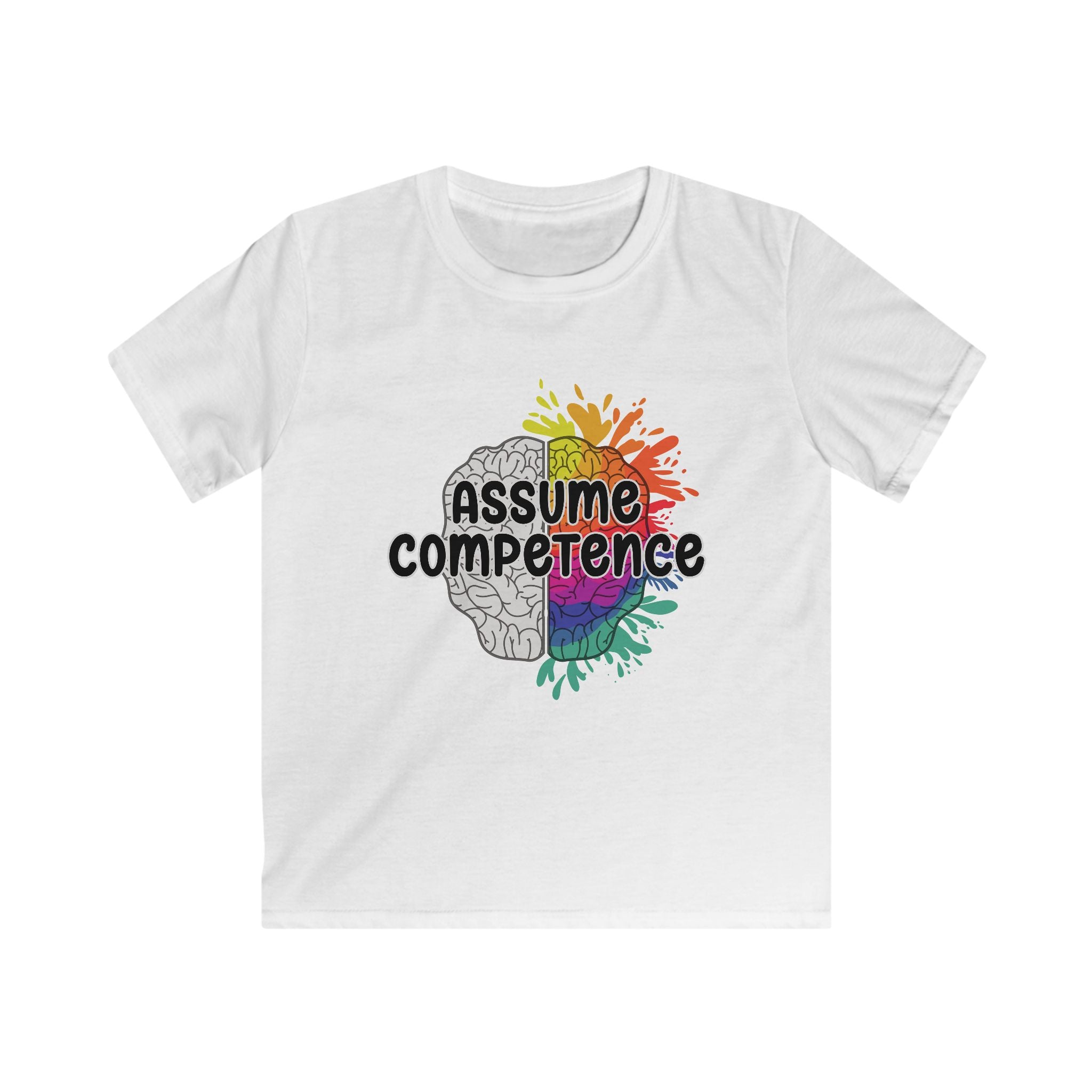 Kids Tee — "Assume Competence" Rainbow Brain Graphic