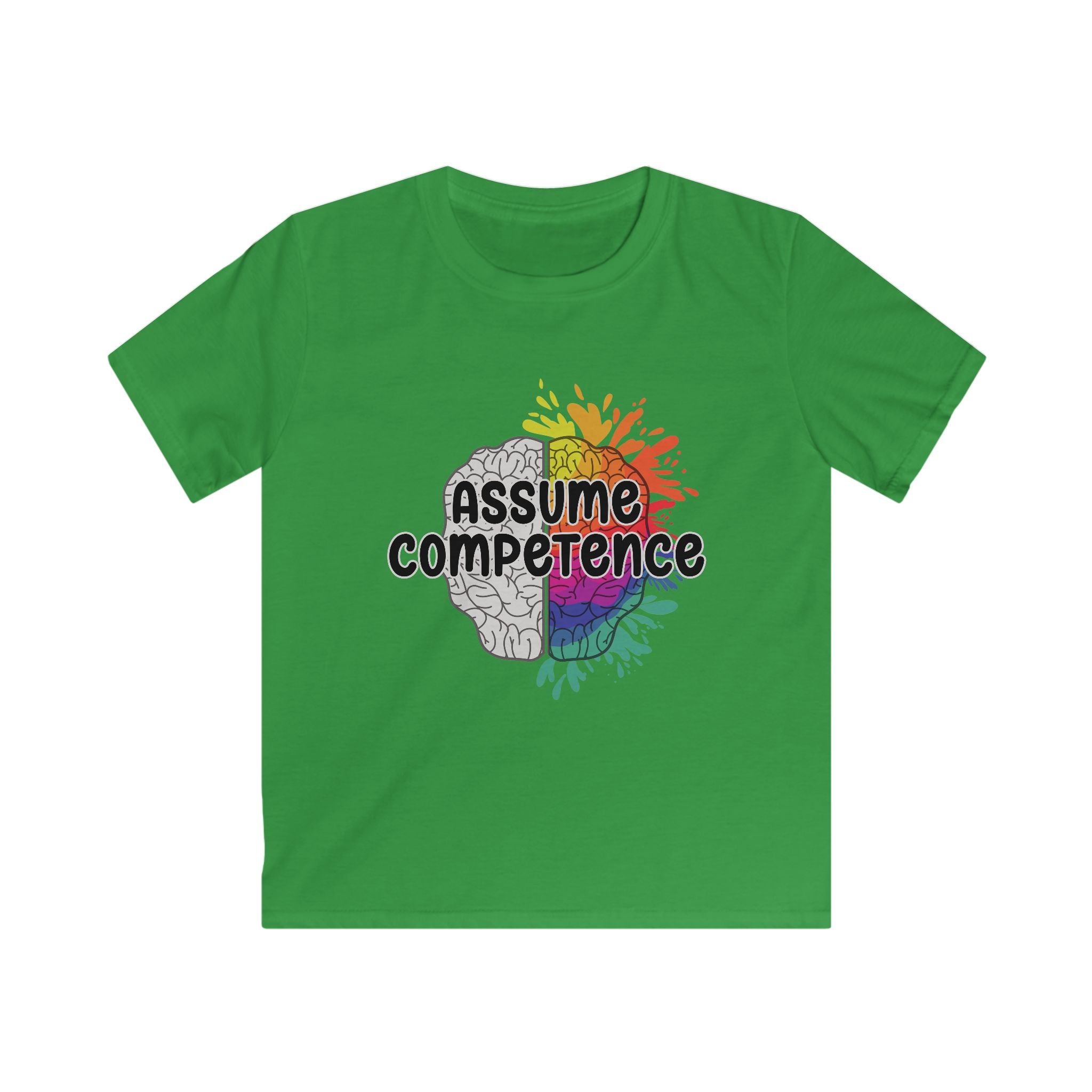 Kids Tee — "Assume Competence" Rainbow Brain Graphic
