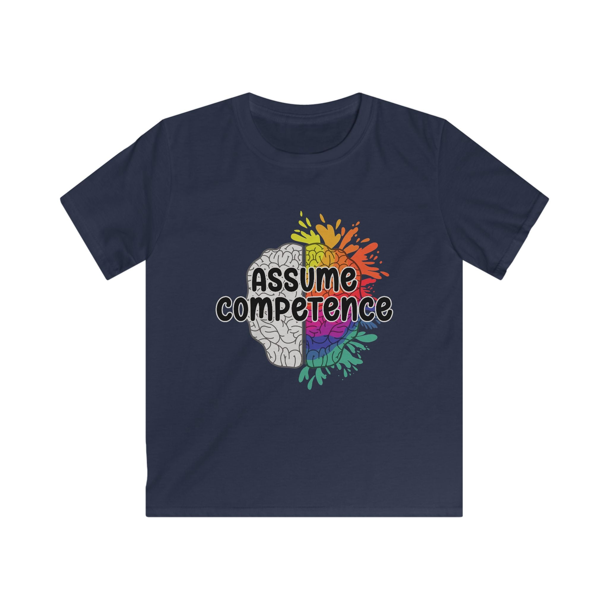 Kids Tee — "Assume Competence" Rainbow Brain Graphic