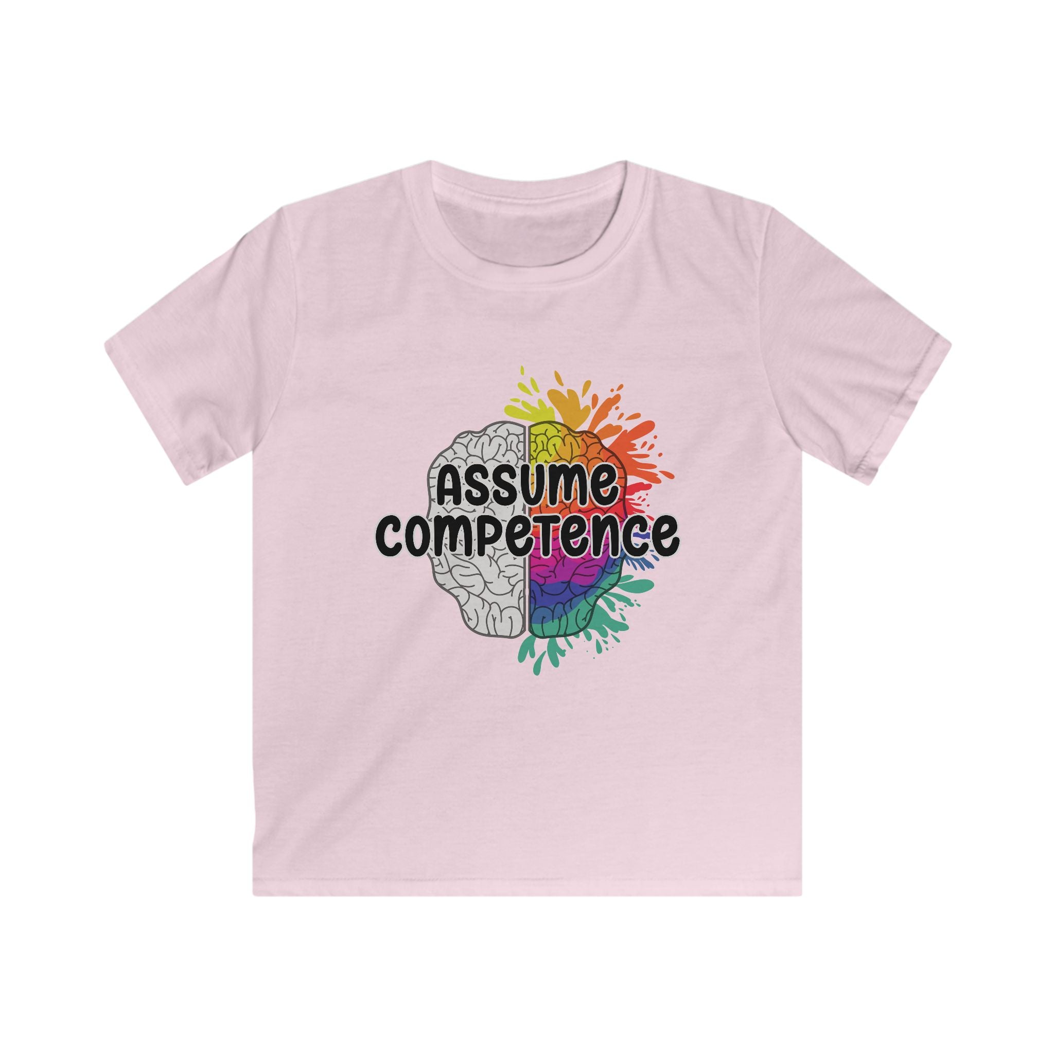 Kids Tee — "Assume Competence" Rainbow Brain Graphic