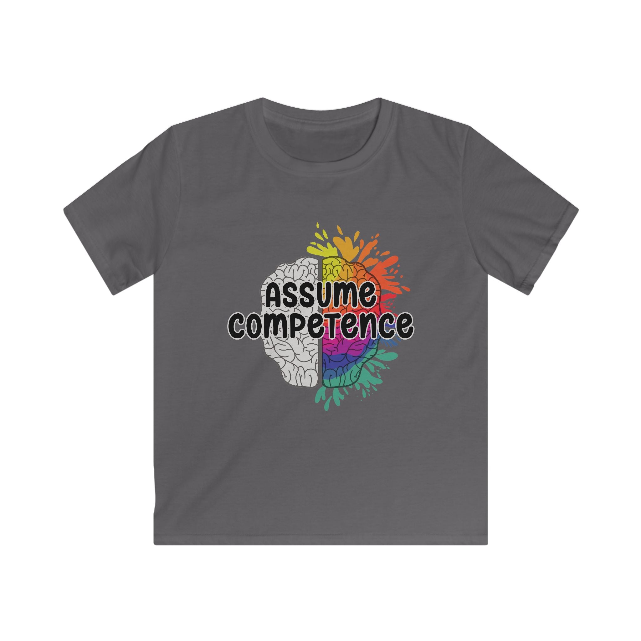 Kids Tee — "Assume Competence" Rainbow Brain Graphic
