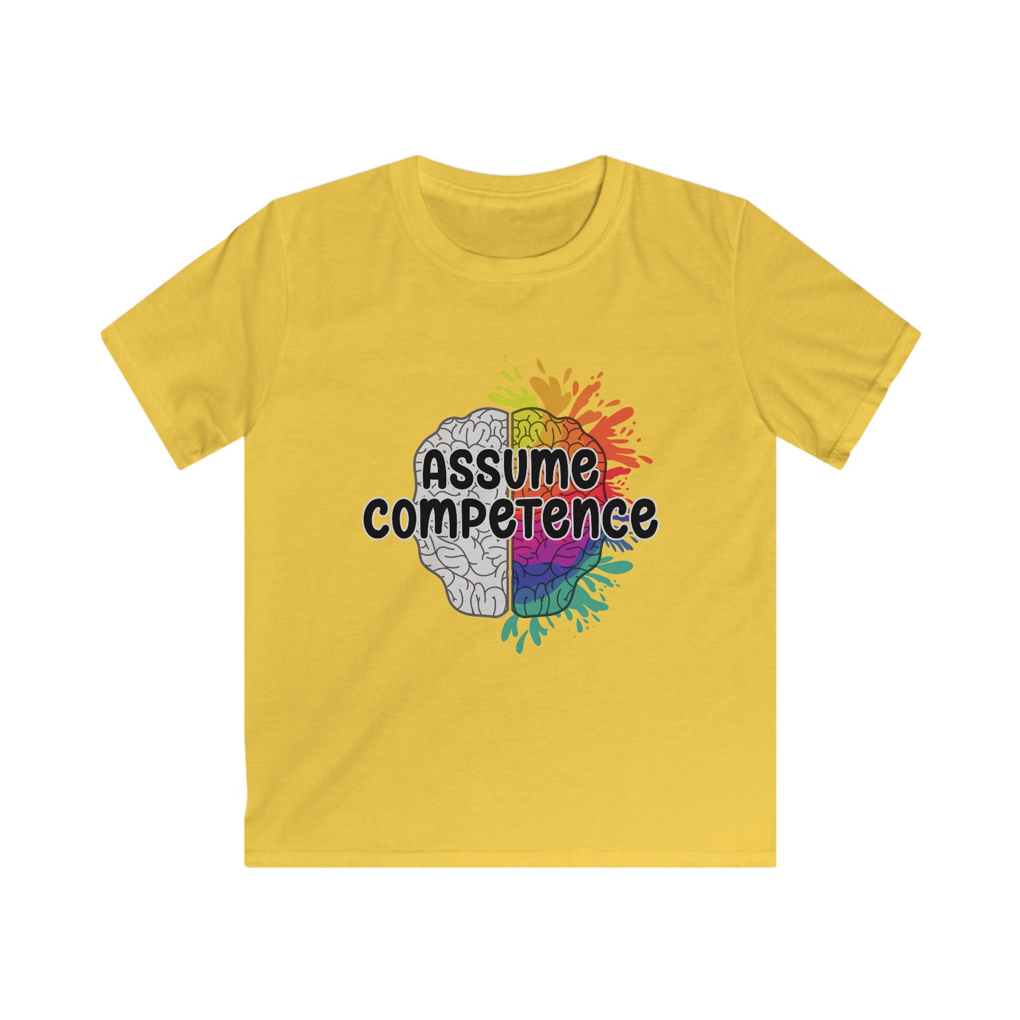 Kids Tee — "Assume Competence" Rainbow Brain Graphic