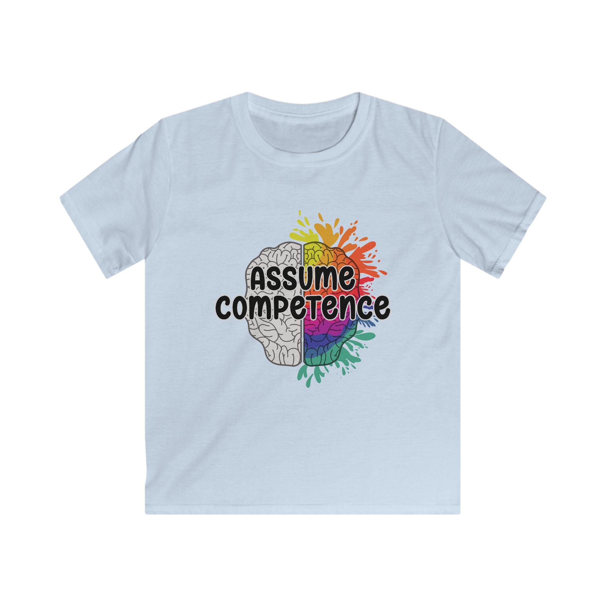 Kids Tee — "Assume Competence" Rainbow Brain Graphic