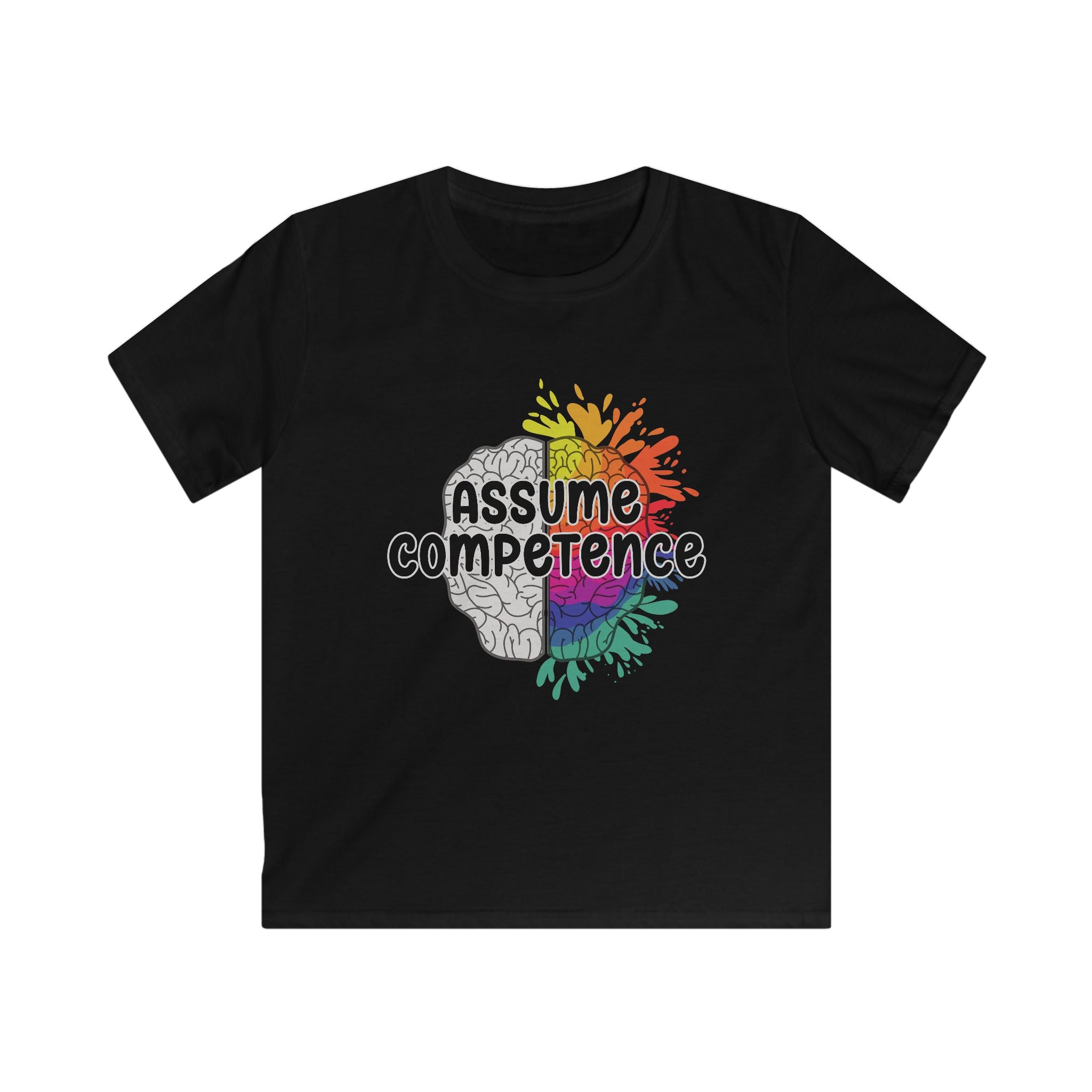 Kids Tee — "Assume Competence" Rainbow Brain Graphic