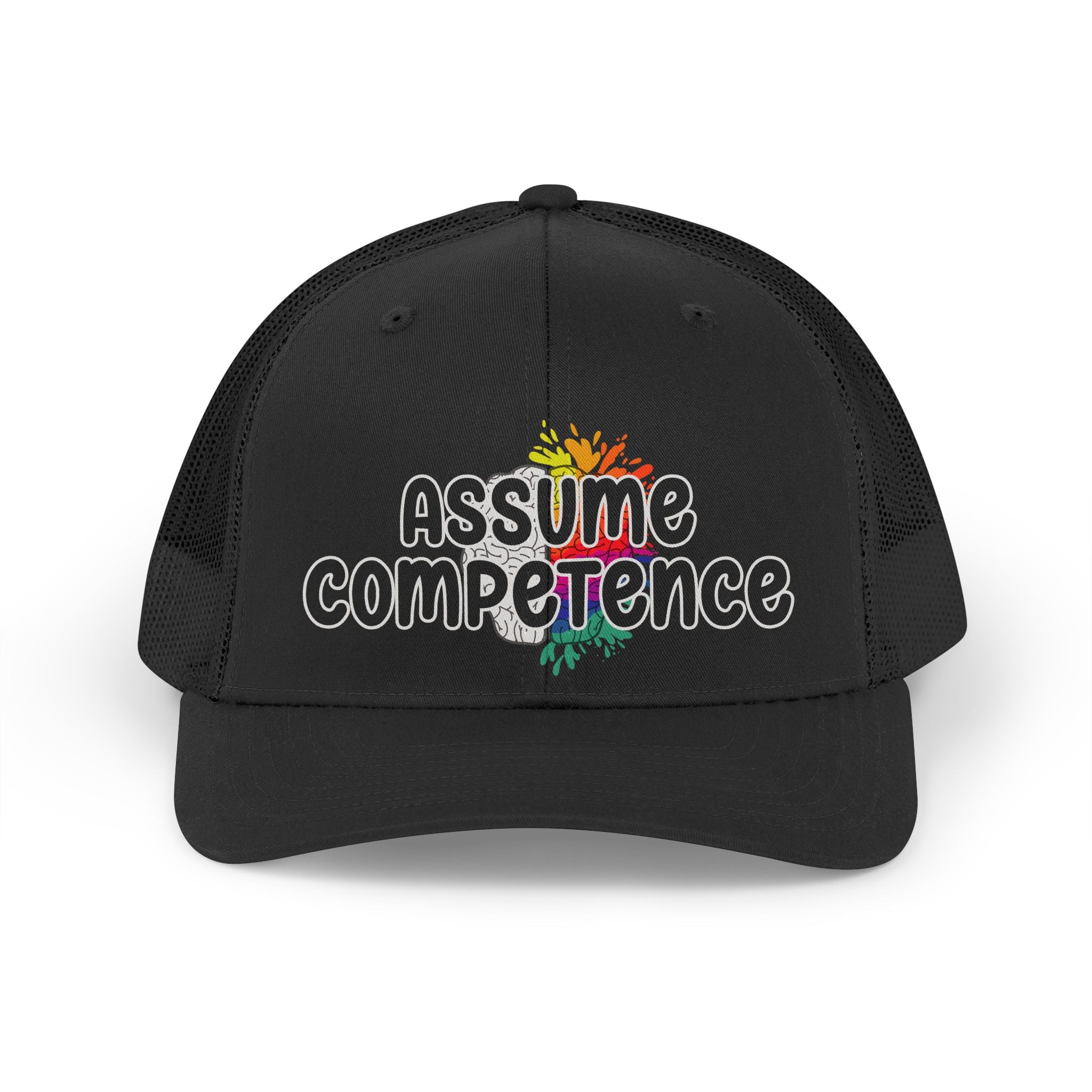 Assume Competence Retro Trucker Hat — Rainbow Empowerment Mesh Cap